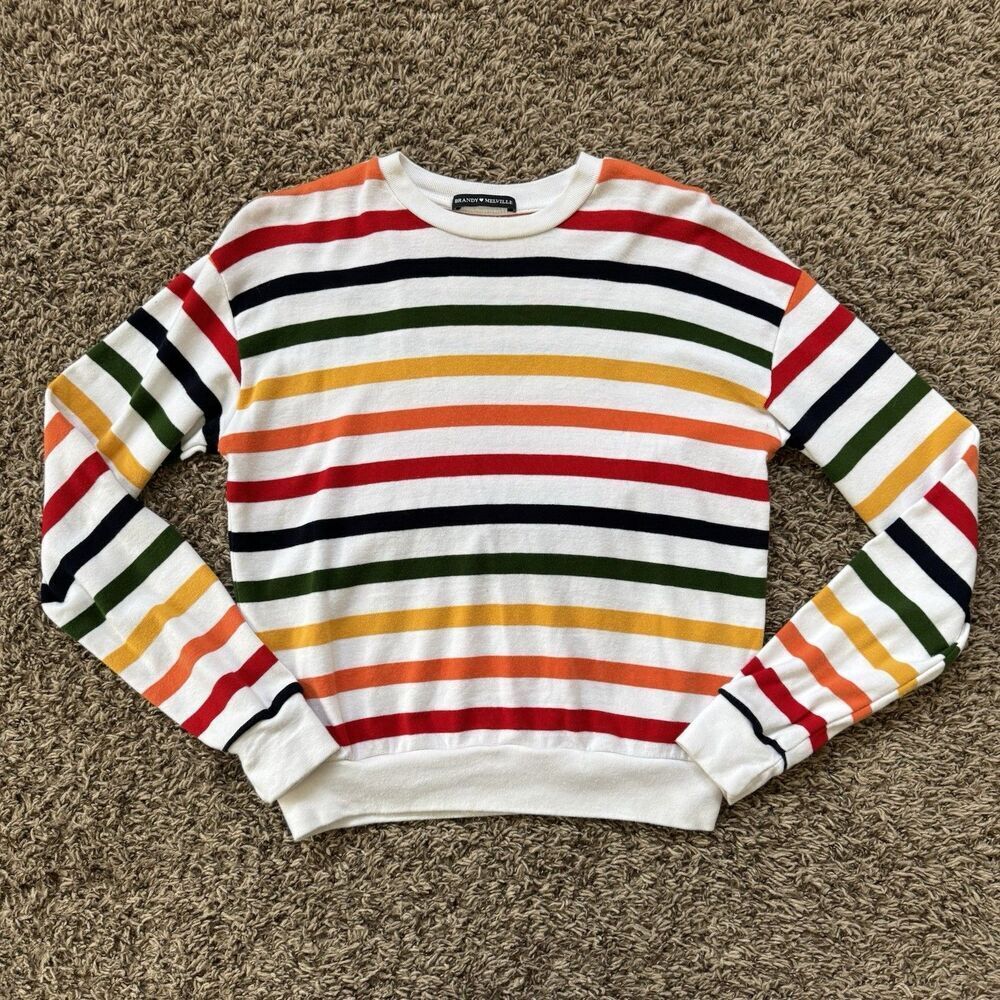 Brandy Melville Sweater Womens Medium White Rainbow Stripe Crewneck Soft